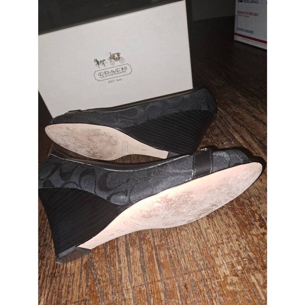 9.5B Coach Black Thea Wedge High Heel Peep Toe Signature Dress Shoes w Box - Picture 8 of 9